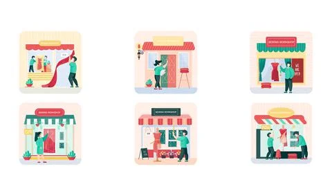 Sewing workshop or professional tailor shop. Atelier facade with awning and big Stock Illustration