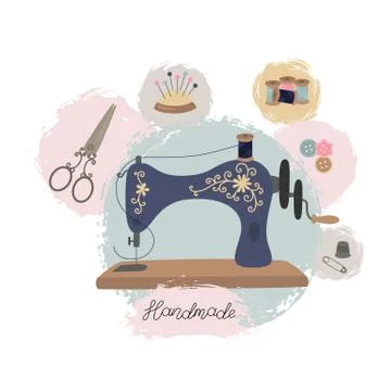 Sewing workshop or tailor shop. Hand drawn vintage sewing machine. Stock Illustration