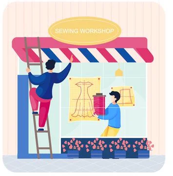 Sewing workshop or tailor shop. Atelier facade with awning and big showcase Stock Illustration