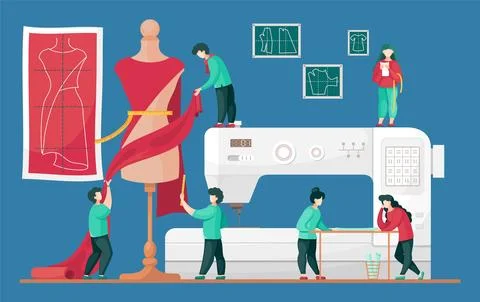 Sewing workshop, sewers work with textile of future dress at mannequin, sewing イラスト素材