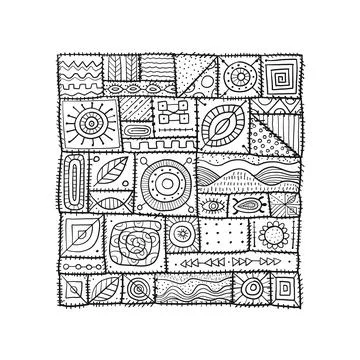 Sewn pieces of fabric in a patchwork style. Ethnic Ornament for your design. Illustrazione stock