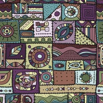 Sewn pieces of fabric in a patchwork style. Ethnic Ornament for your design Stock Illustration