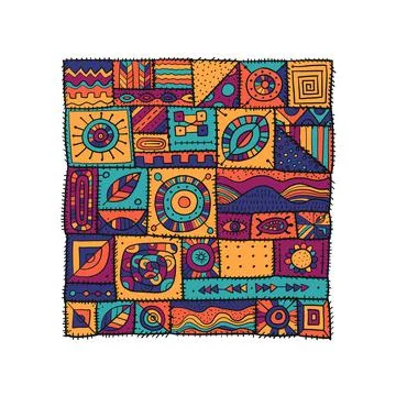 Sewn pieces of fabric in a patchwork style. Ethnic Ornament for your design. Stock Illustration