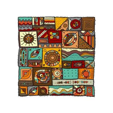 Sewn pieces of fabric in a patchwork style. Ethnic Ornament for your design. Stock Illustration