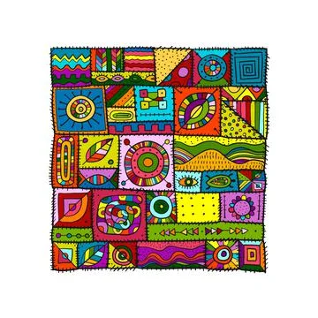 Sewn pieces of fabric in a patchwork style. Ethnic Ornament for your design. Stock Illustration