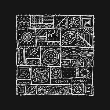 Sewn pieces of fabric in a patchwork style. Ethnic Ornament for your design. Stock Illustration