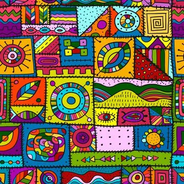 Sewn pieces of fabric in a patchwork style. Ethnic Ornament for your design Illustrazione stock