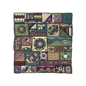 Sewn pieces of fabric in a patchwork style. Ethnic Ornament for your design. Stock-Illustration