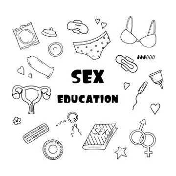 Sex education set of elements in doodle style. Stock Illustration