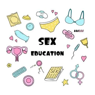 Sex education set of elements in doodle style. Vector clipart. 스톡 일러스트