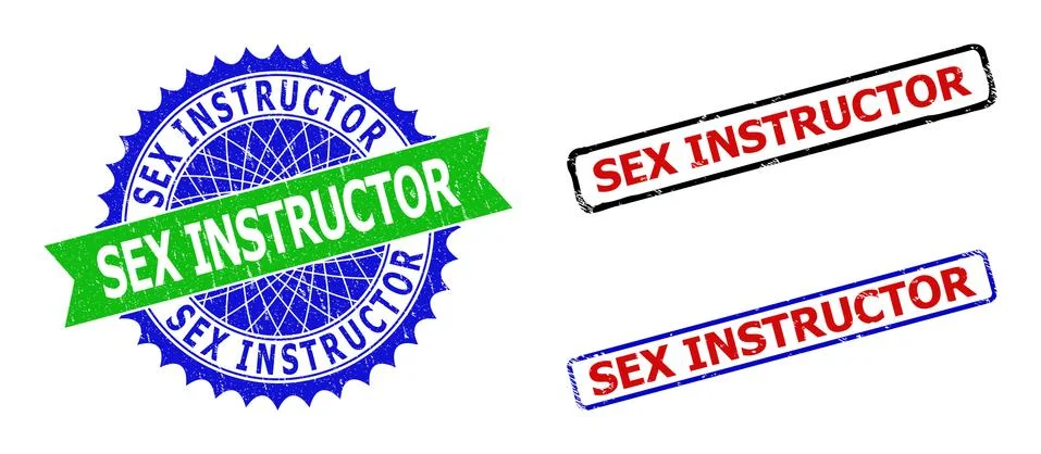 SEX INSTRUCTOR Rosette and Rectangle Bicolor Stamps with Grunged Textures Stock Illustration