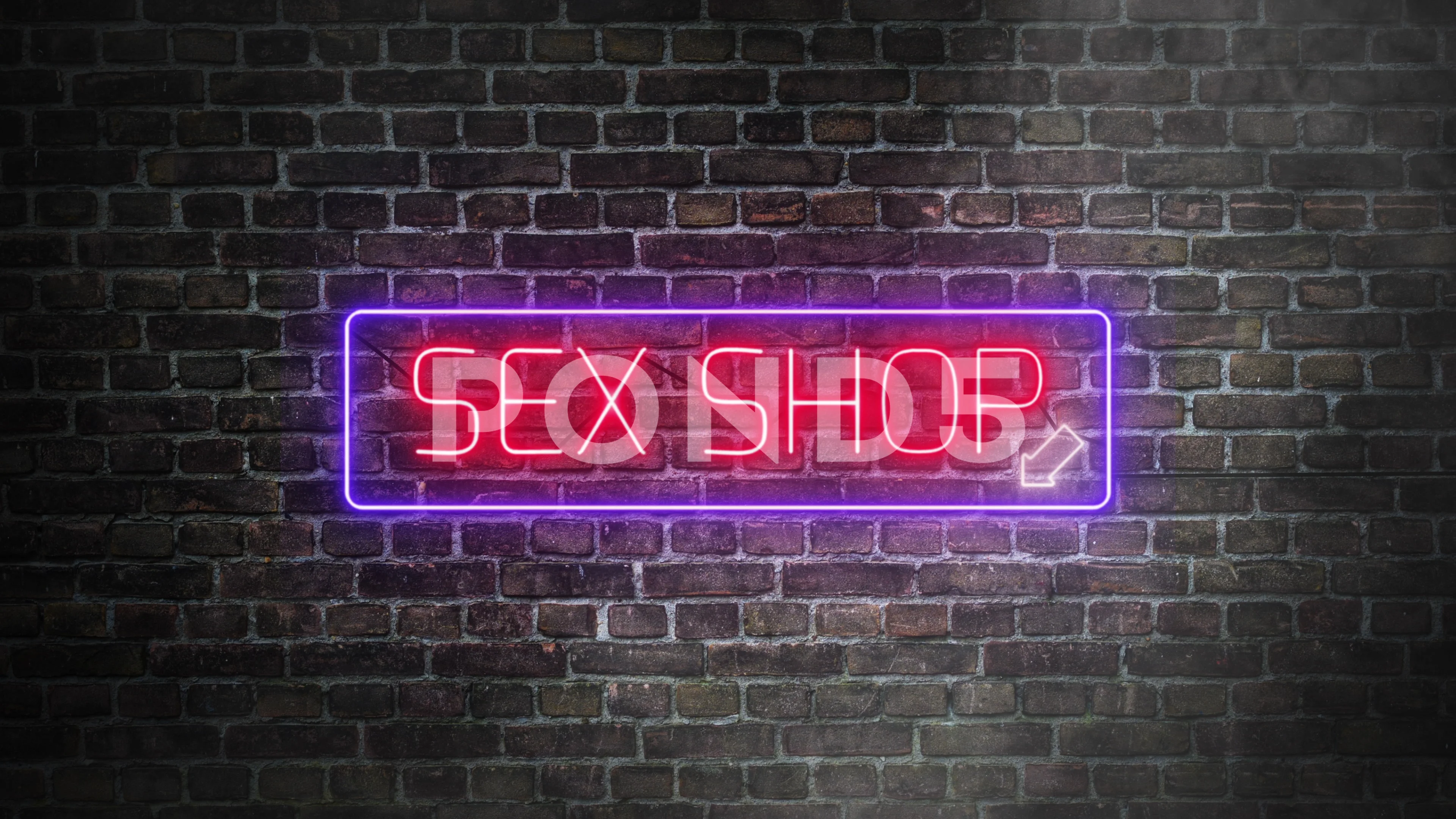 Sex shop classic real neon signboard on bricks wall background.