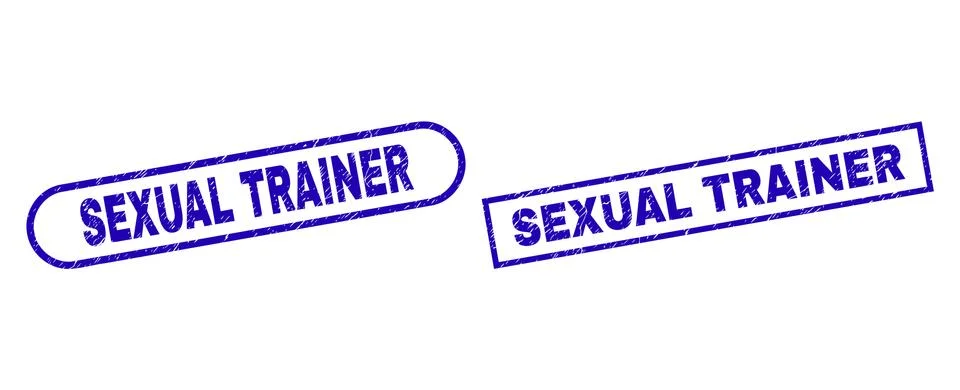 SEXUAL TRAINER Blue Rectangle Stamp with Scratched Surface Stock Illustration