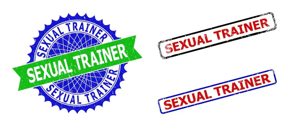 SEXUAL TRAINER Rosette and Rectangle Bicolor Watermarks with Scratched Styles Stock Illustration