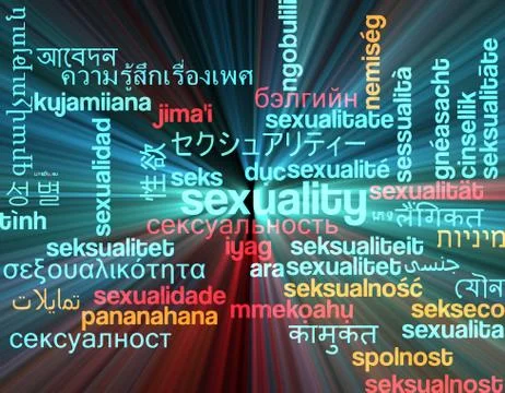 Sexuality multilanguage wordcloud background concept glowing Stock Illustration
