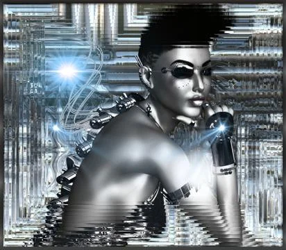 Sexy android on silver abstract background in a silver frame. Stock Illustration