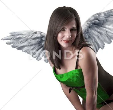Sexy angel, closeup portrait of beautiful girl with white feathers Stock Illustration