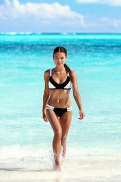 Toned Abs Sexy Slim Stomach Bikini Body Woman On Beach Vacation
