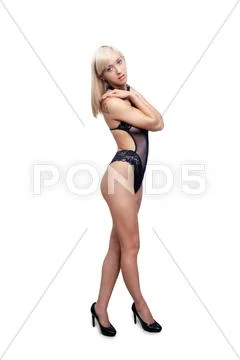 Sexy blonde wearing sheer black lingerie 9 Stock Photos