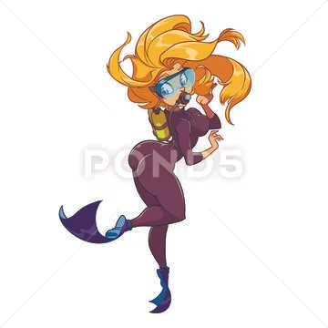 Sexy blonde woman in diving suit and goggles is swimming Stock Illustration