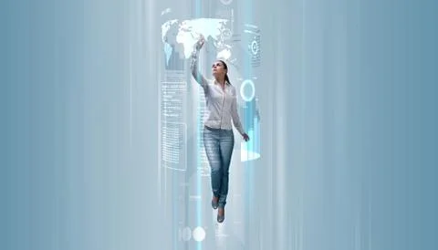 Sexy brunette operating data. attractive young adults in futuristic interface Stock Illustration