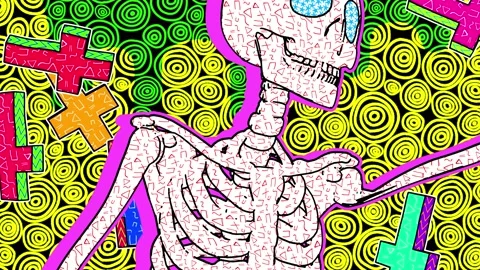 Sexy dancing skeleton in comic style, fluorescent textures and patterns. Stockbeeldmateriaal 136513631