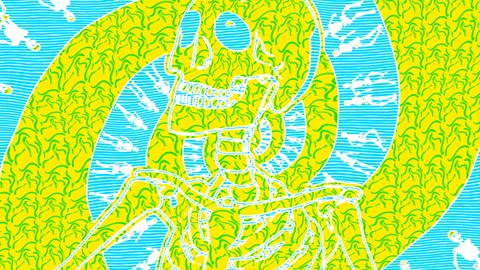 Sexy dancing skeleton in comic style with textures and patterns. Halloween zine Stockbeeldmateriaal 141927245