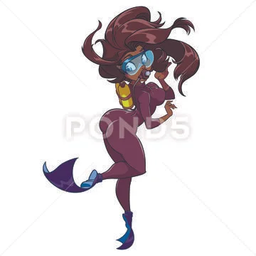 Sexy girl in the diving suit and long dark hair is posing Stock Illustration