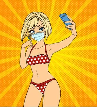 Sexy girl taking selfie. Woman wears medical mask and retro bikini. Stock Illustration