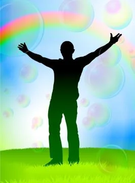 Sexy guy on blue sky with Soap Bubbles Illustrazione stock
