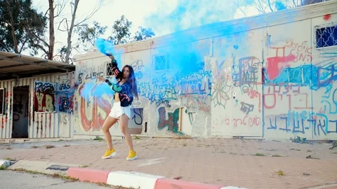 Sexy model dancing with blue smoke 스톡 동영상 115952490
