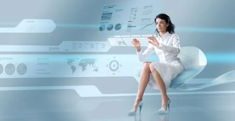 Sexy operator with virtual keyboard - attractive young adults in futuristic Stock-Illustration
