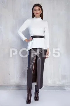 Sexy pretty fashion woman wear skirt sweater trend clothes collection catalog Stock Photos