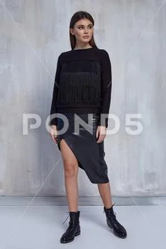 Sexy pretty fashion woman wear total black casual trend clothes collection ca Stock Photos