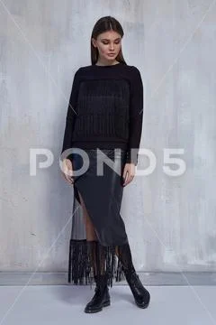 Sexy pretty fashion woman wear total black casual trend clothes collection ca Stock Photos