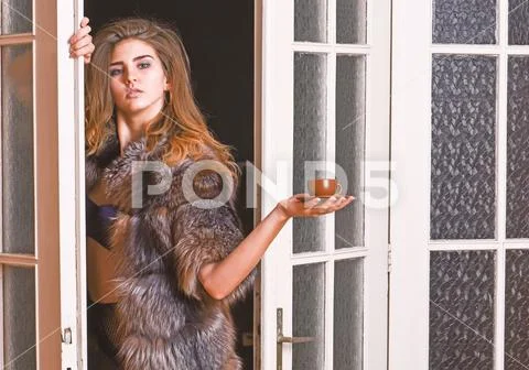 Sexy servant bring morning coffee. Seduction art concept. Woman seductive wear Stock Photos