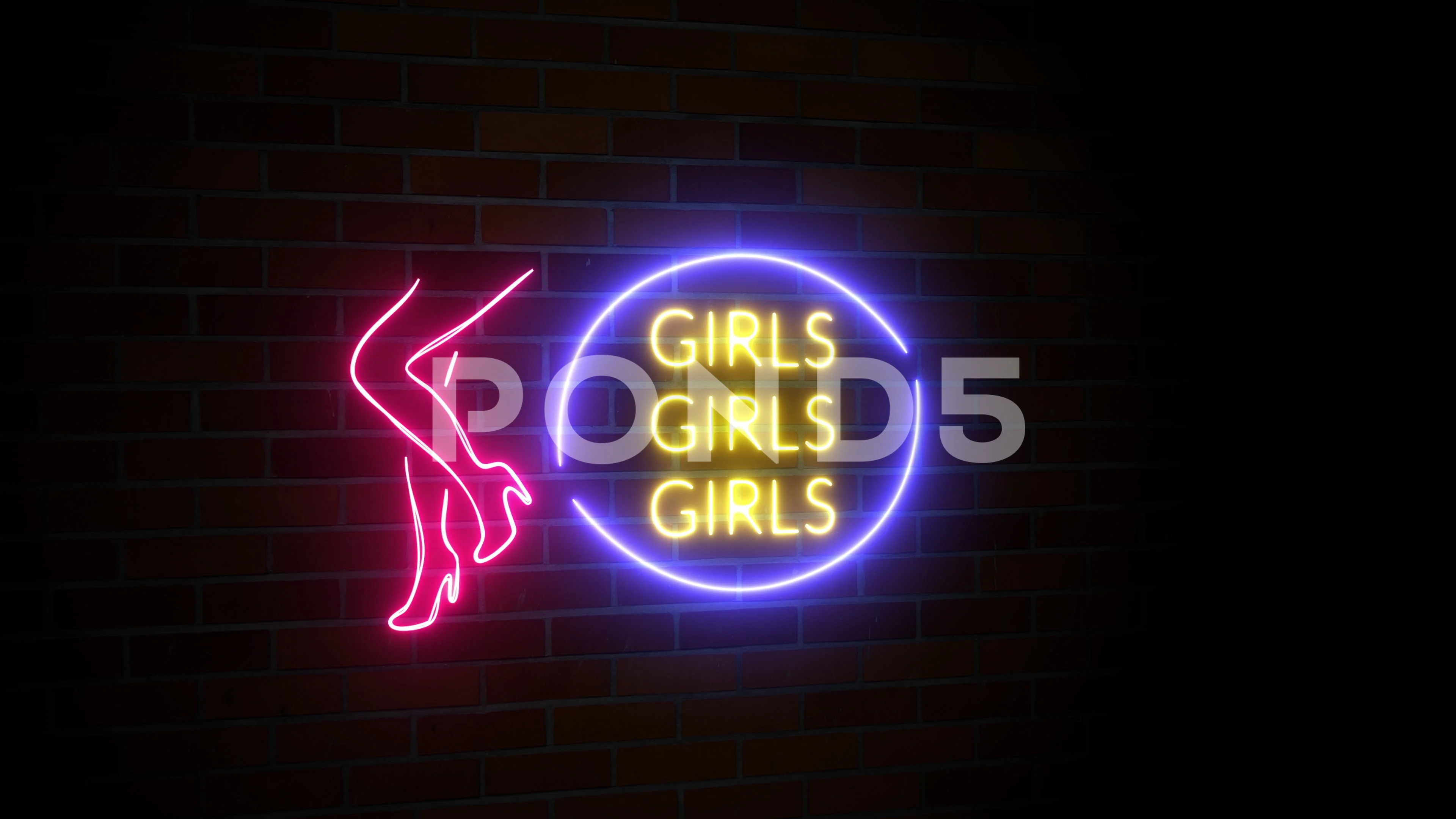 Sexy strip tease club neon sign on dark brick wall animation