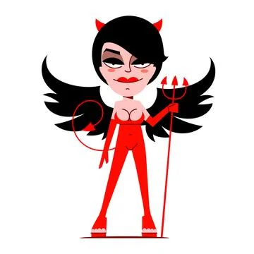 Sexy vintage pinup she devil girl temptress in erotic red latex outfit with.. Stock Illustration