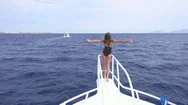 The Sexy Woman Pose On The Yacht. Wide Angle Stock Footage