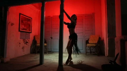 Sexy Woman Silhouette Dancing at the Hotel. Pole Dancer female Stripper in .. Stock Footage