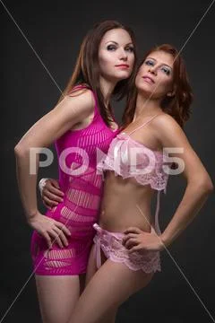 Sexy Blond Woman Wear Pink Lingerie Stock Photo, Picture and