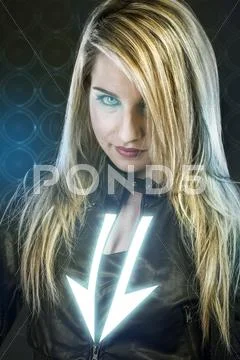 Sexy young woman with blue neon lights, future warrior costume, fantasy girl Stock Illustration