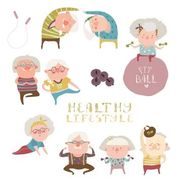 Sey of elderly people doing exercises Stock Illustration