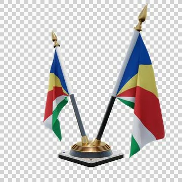 Seychelles 3d illustration flag on pole. Wood flagpole 库存插图
