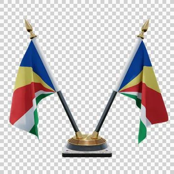 Seychelles 3d illustration flag on pole. Wood flagpole Stock Illustration