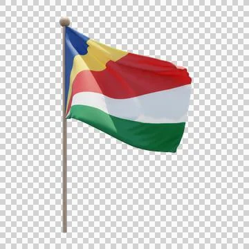 Seychelles 3d illustration flag on pole. Wood flagpole Stock Illustration