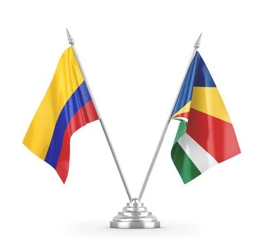Seychelles and Colombia table flags isolated on white 3D rendering Stock Illustration