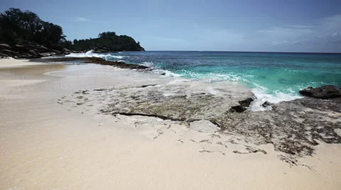 Seychelles beach with blue ocean view. Big Waves. Stock Footage 59839481
