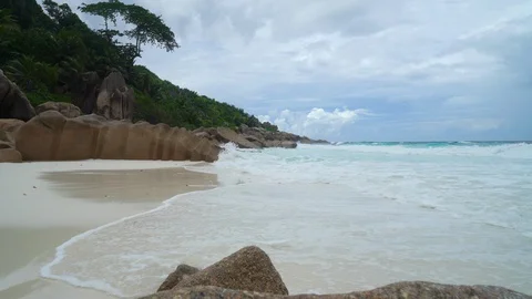 Seychelles beach with ocean waves Stock Footage 129405013