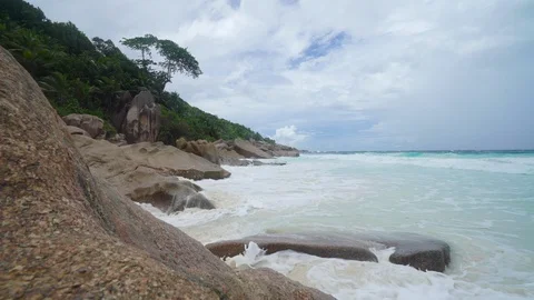 Seychelles beach with ocean waves Stock Footage 129405437
